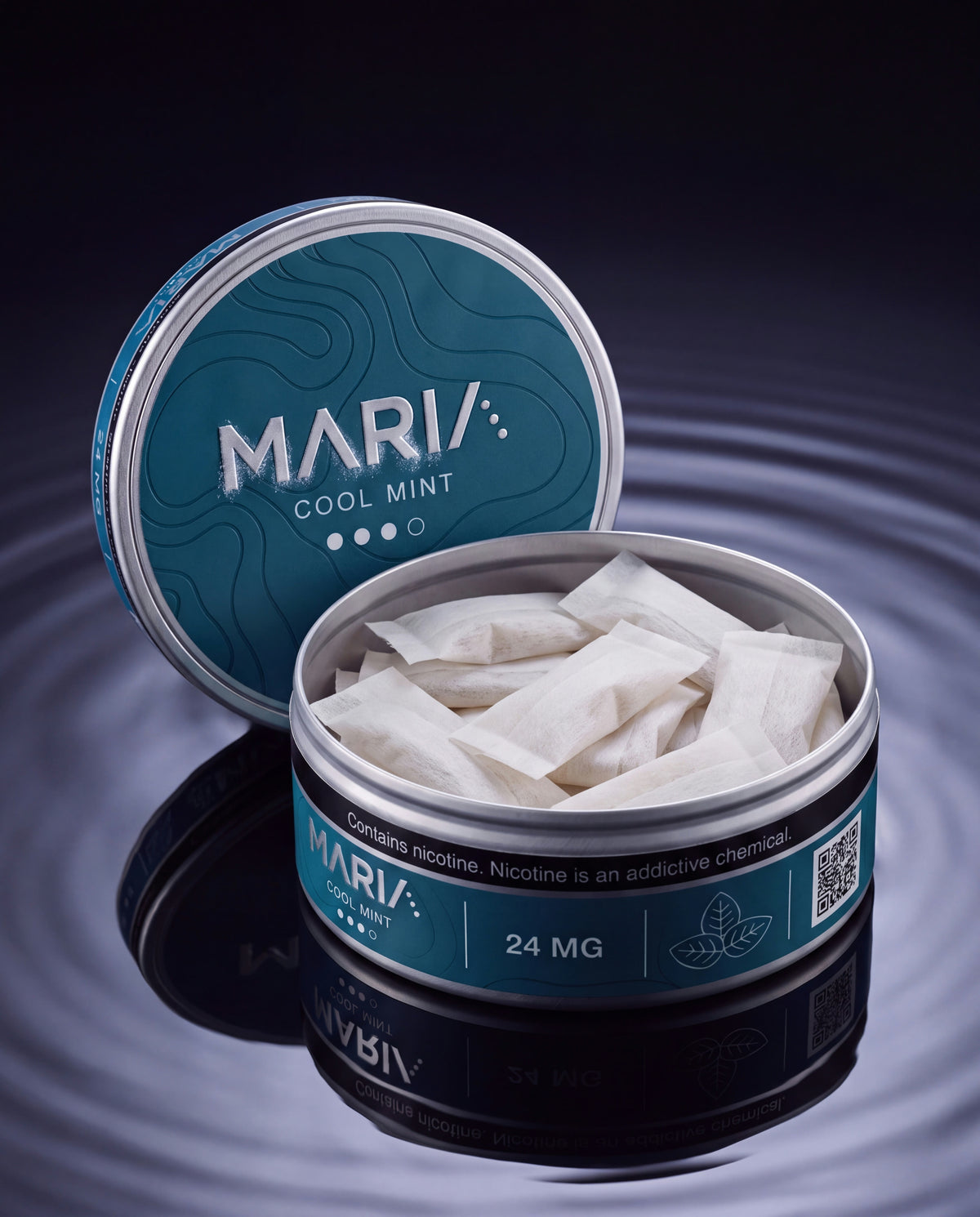 MARIA Cool Mint can, lid open showing pouches