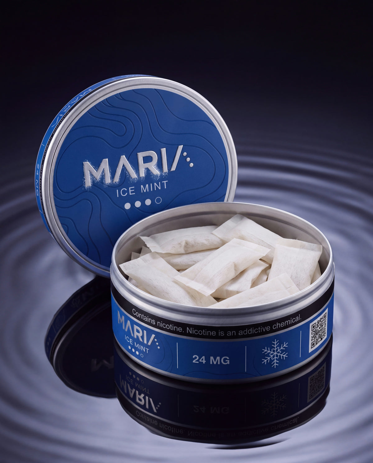 MARIA Ice Mint can, lid open showing pouches
