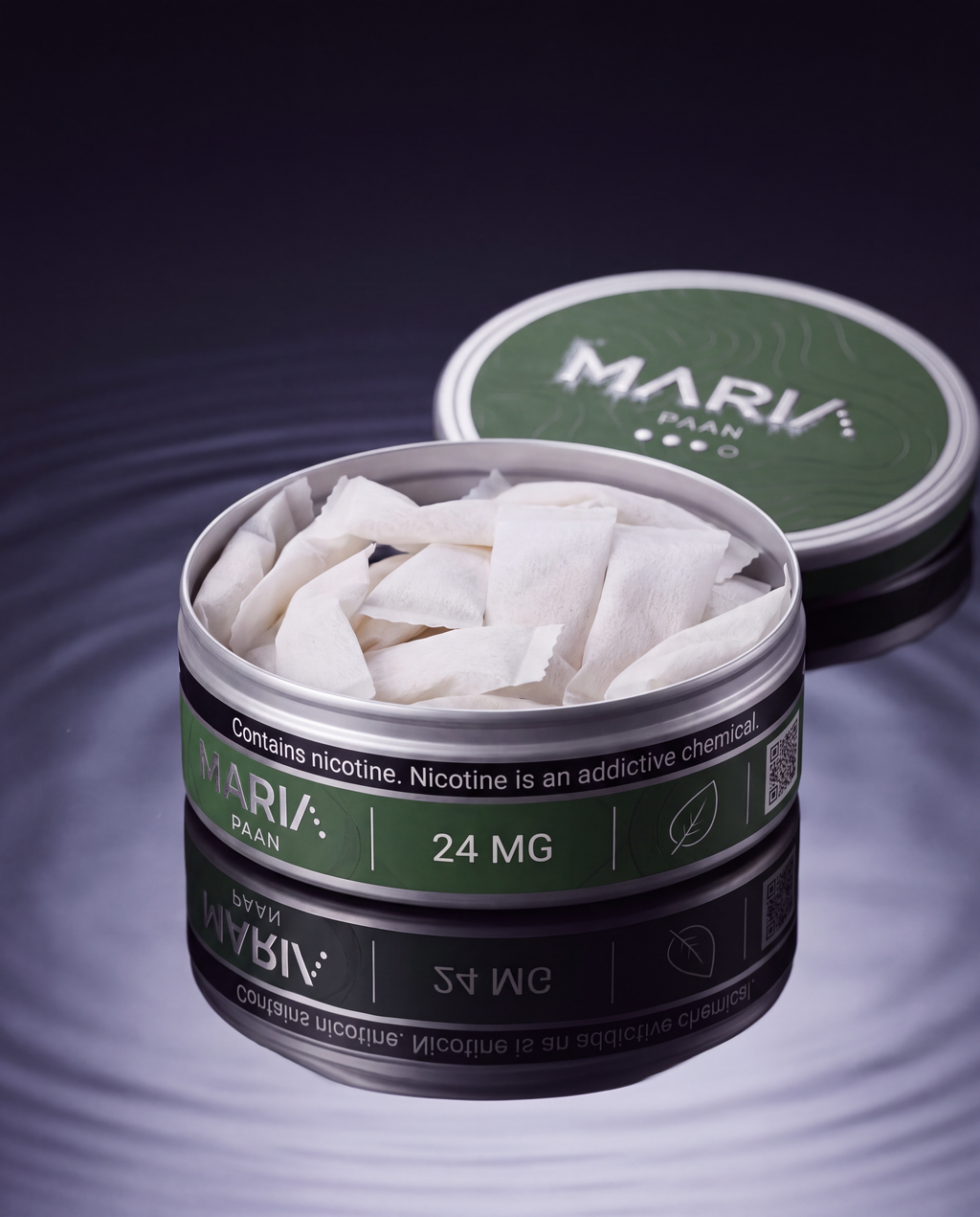 MARIA Paan can, lid open showing pouches