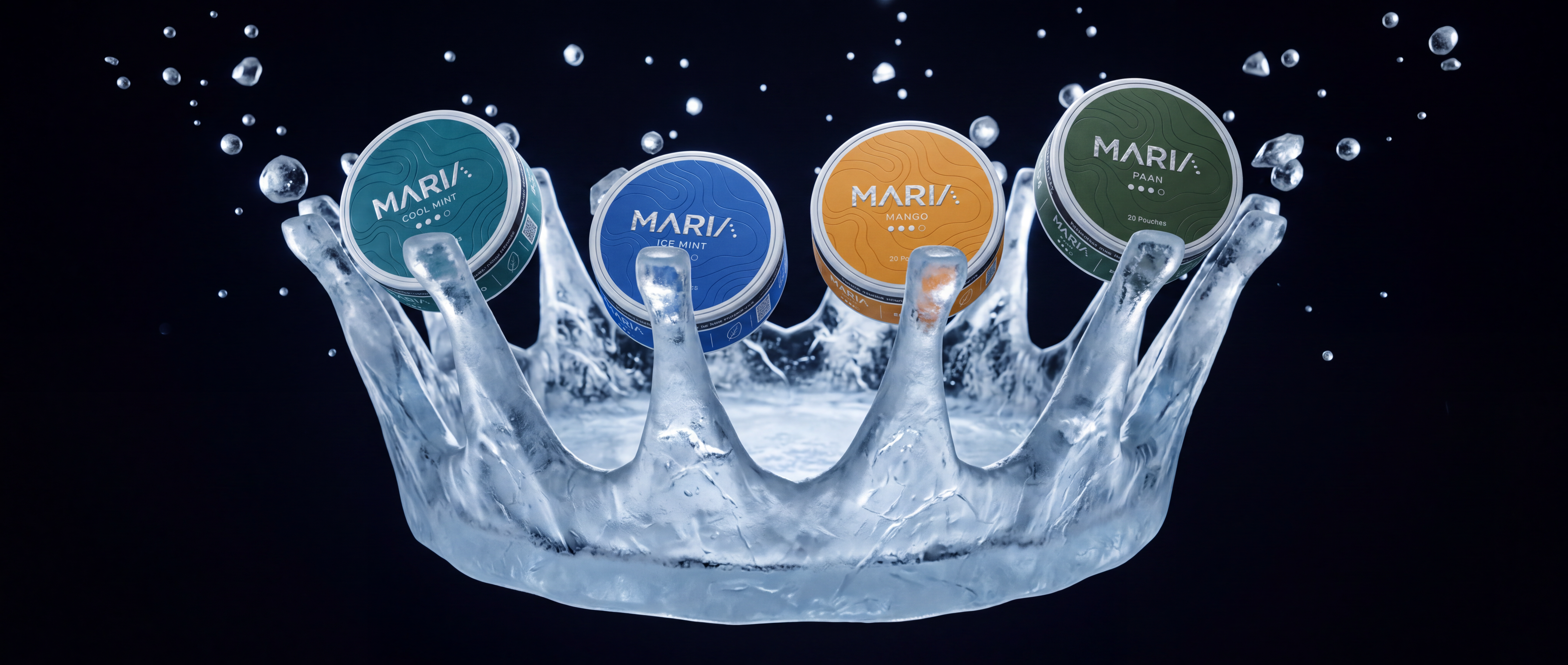 All 4 MARIA flavours in a flash-frozen splash tableau