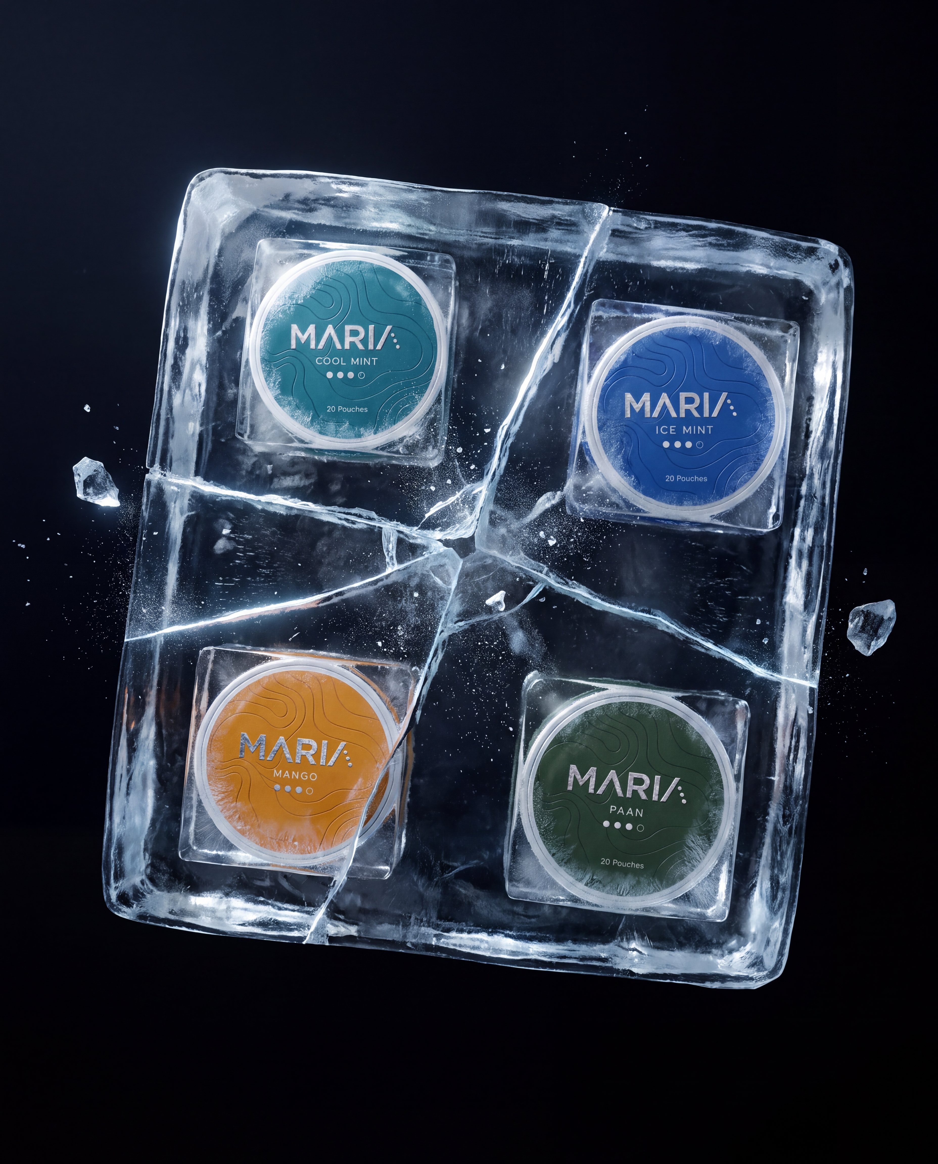 All 4 MARIA flavours — Cool Mint, Ice Mint, Mango, Paan — fanned together inside a shattering ice block